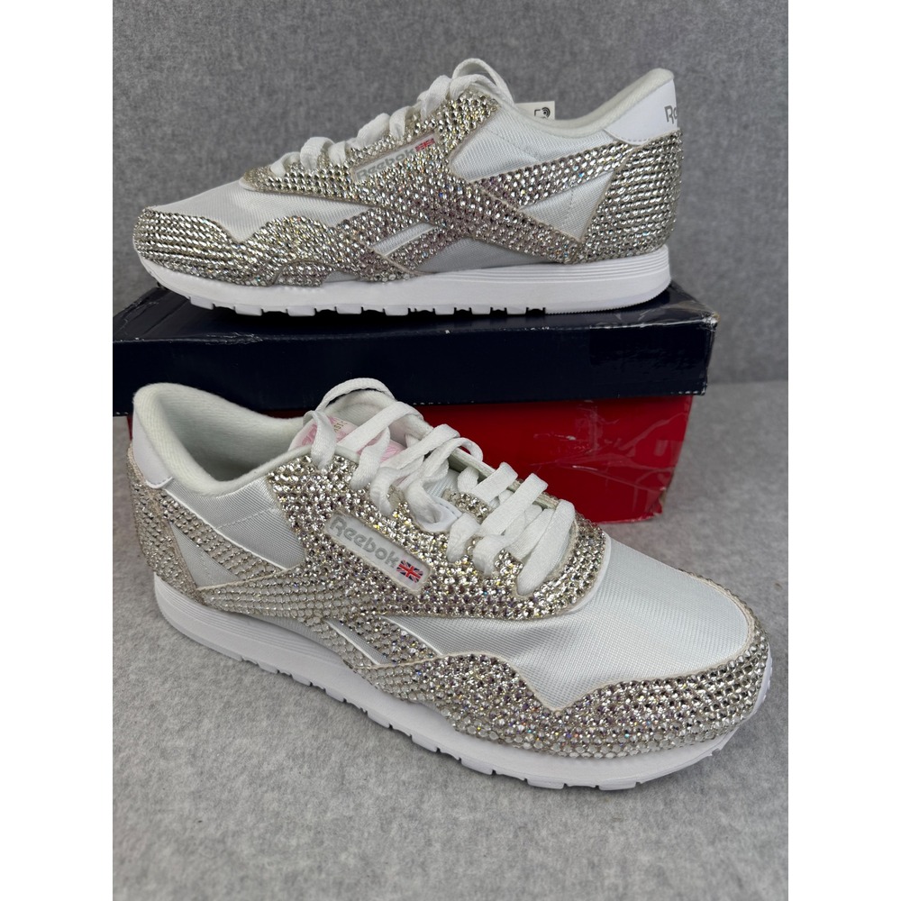 Reebok Classic White Bling‎ Rhinestone Embellished Custom Sneakers Size 9